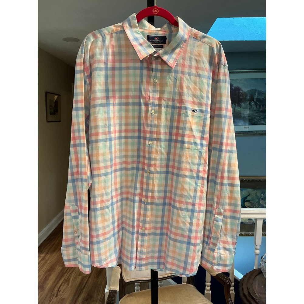Vineyard Vines Button Slim Fit Tucker Shirt XXL Pastel Plaid Cotton Long Slv